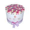 White, Pink & Purple Roses in Round Box – Luxury Mixed Roses Dubai