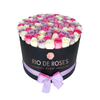 White, Pink & Purple Roses in Round Box – Luxury Mixed Roses Dubai
